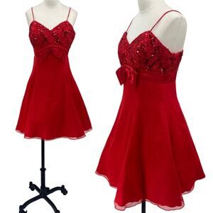 Vintage 90s Fit & Flare Mini Cocktail Dress Sweetheart Sequin Bodice Bow Red 4